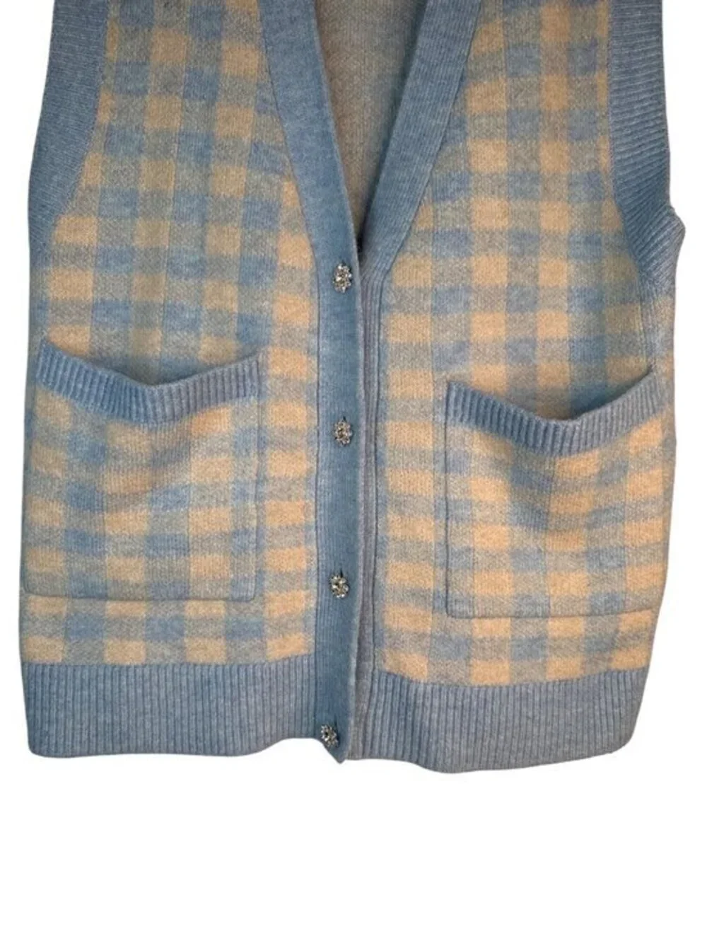 2/$30 ZARA Size Small Light Blue & Cream Gingham Knit Cardigan Vest S Polyester